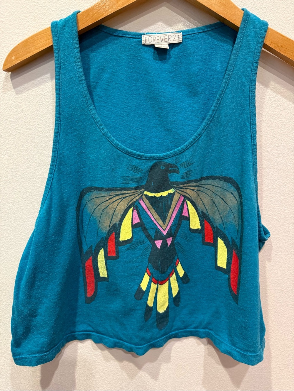 Forever 21 Teal Cropped Tank with Colorful Tribal Bird Graphic